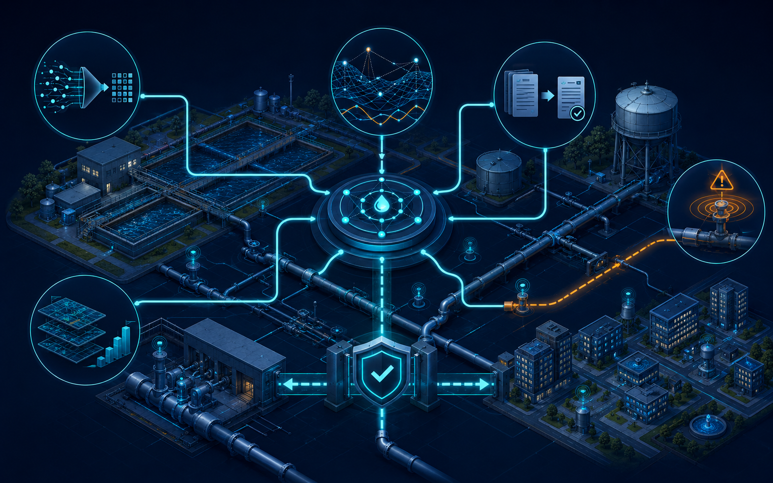 Governed AI agents coordinate water-utility data quality, model validation, knowledge retrieval, operational monitoring, and planning analysis through a professional-review gate