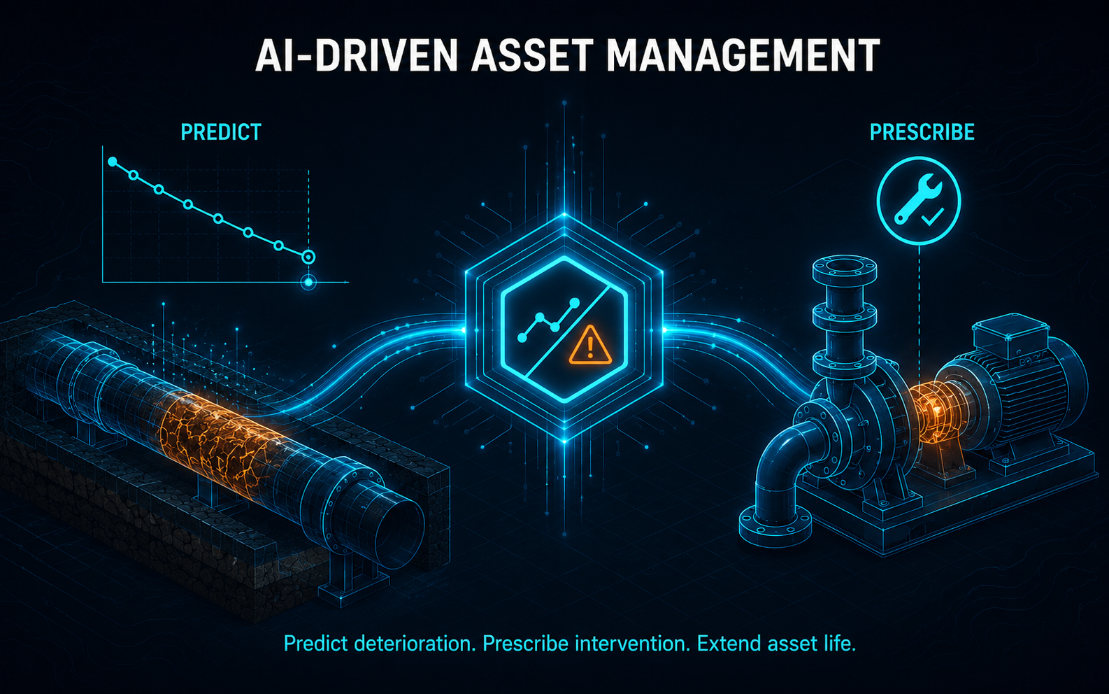 AI-driven asset management predicts deterioration in a horizontal water main and prescribes intervention for a vertical pump and motor asset