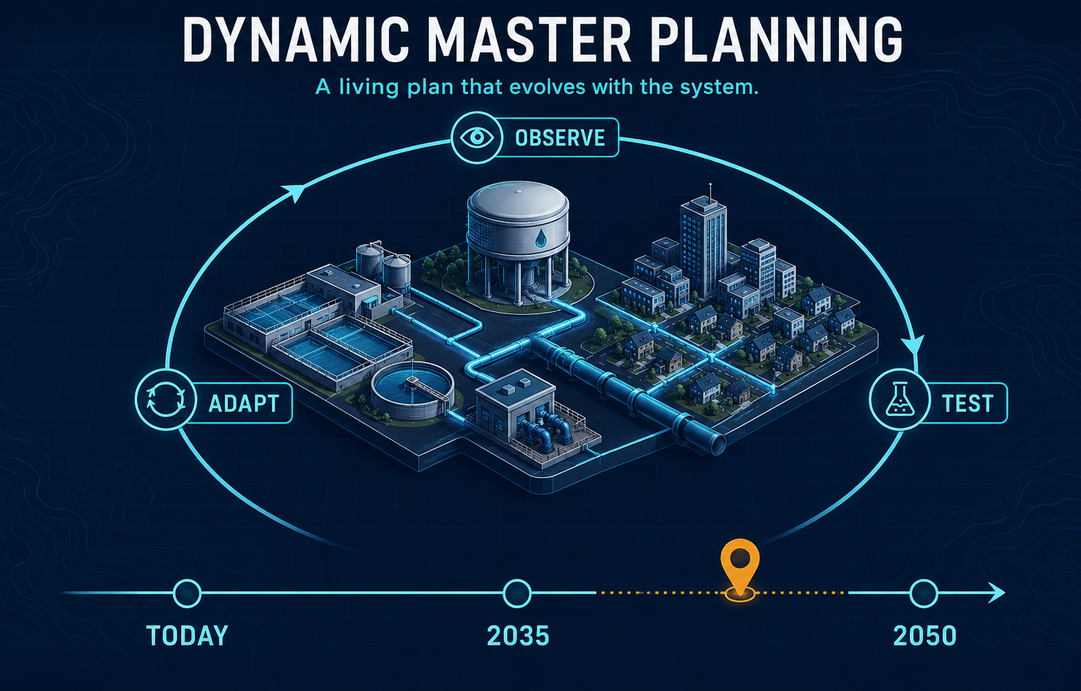 Dynamic Master Planning connects a complete water utility system to an Observe, Test, and Adapt cycle across today, 2035, and 2050 planning horizons