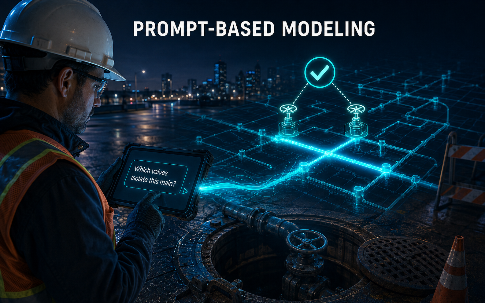 A water utility field technician asks which valves isolate a main and receives an AI-assisted network-model recommendation